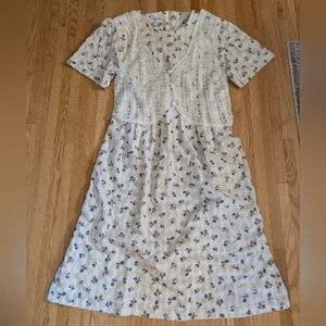 Vintage Gingham Floral Prairie Dress with Crochet vest & pearl beading in Ivory